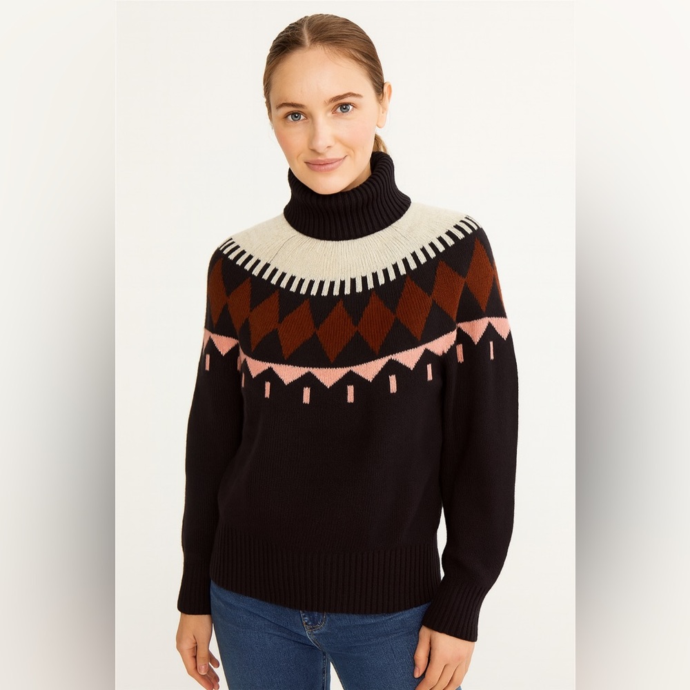 Chunky Knit Fair Isle Blue and Brown Turtleneck Sweater